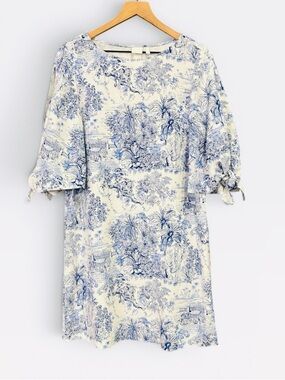 H&M Size 6 Linen Blend Jungle Toile Blue White Shift Dress Tie Sleeves